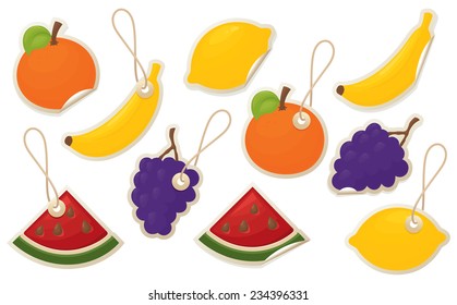 Bright fruity stickers and tags.