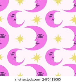 Bright fuchsia color crescent moon and yellow stars on a light background. Seamless vector moon pattern.