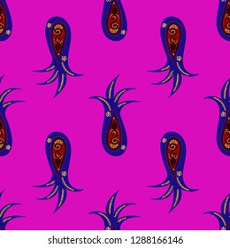 Bright fuchsia pattern with colorful paisley. Octopus, pineapples, cucumbers shapes. Blue, red, yellow, pink colors. Exotic ideas for trendy clothes, luxury design. Intricate colorful ethnic shapes 