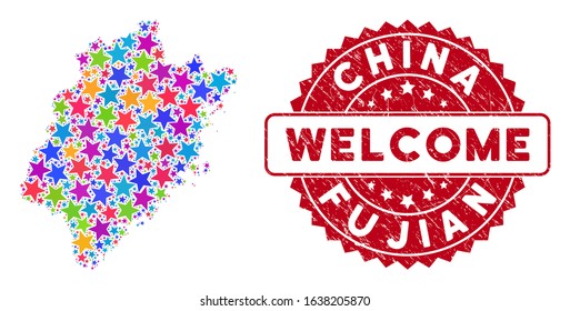 Bright Fujian Province map composition of stars, and scratched rounded red WELCOME seal. Abstract territorial scheme in bright shades. Vector Fujian Province map is designed of bright stars.