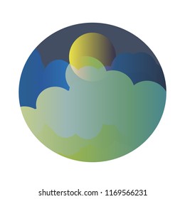 Bright Full Moon Behind The Glowing Clouds Original Flat Vector Illustration. Colorful glowing clouds partially cover the moon. Round Shape Landscape Image. Minimal Flat Design