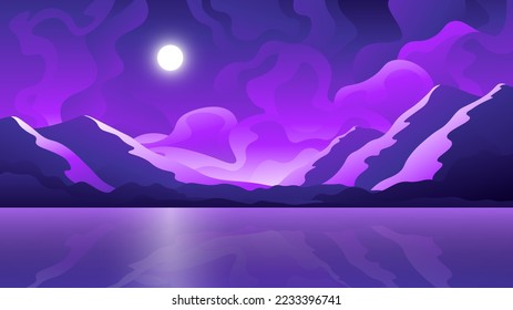 Brillante luna llena sobre la superficie del agua y las montañas. Paisaje horizontal nocturno.