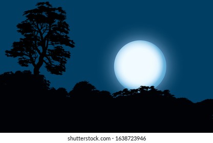 Bright full moon rising over forest