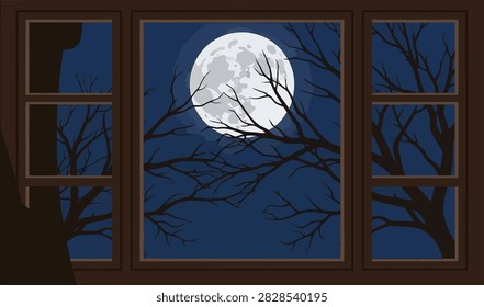 A bright full moon shining through a window frame at night with dark bare tree branches silhouetted against the blue sky, creating a spooky atmosphere.