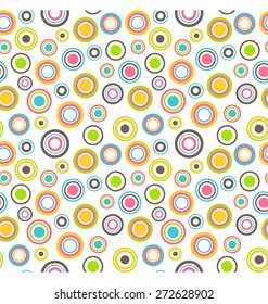 Bright fun abstract seamless pattern with multicolored circles on white background