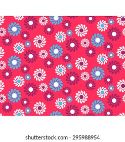 Bright Fun Abstract Seamless Pattern with Flowers Isolated on Violet Background