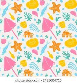 Bright fun beach themed seamless pattern with a crab, beach umbrella, bucket, seaweed and other coastal elements.