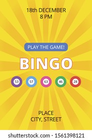 Bright fun bingo poster template with yellow glowing background and balls. Vector flyer, card or banner for lottery with sample text. A4 standard scaled format