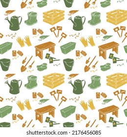 Bright fun colored seamless pattern with silhouette garden tools, watering can, boots, shovels, seeds. Endless texture with green brown yellow elements on white background. Vector illustration.