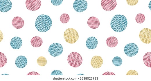 Bright fun colorful seamless pattern with doodle stripe textured yellow, blue and pink geometric circles. Playful kids print with round shapes for children textile design, wrapping paper, surface
