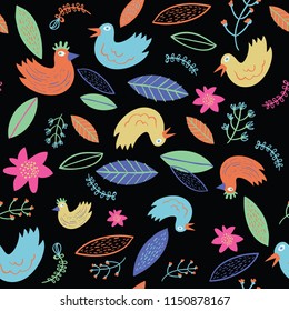 Bright fun colourful seamless vector pattern with cute birds and lovely leaves and flowers. Ready to use in any surface, paper or fabric.