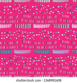 Bright fun doodle shapes seamless pattern. Striped all over print vector background. Pretty modern abstract fashion style. Trendy scrapbooking paper, wallpaper, kids home decor. Stationery backdrop.