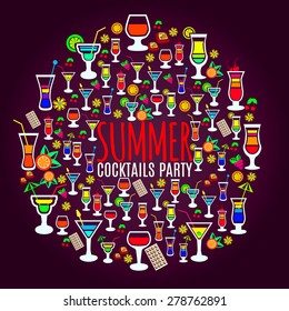 Bright and fun to drink tropical cocktails icons circle party poster with dark background abstract vector illustration