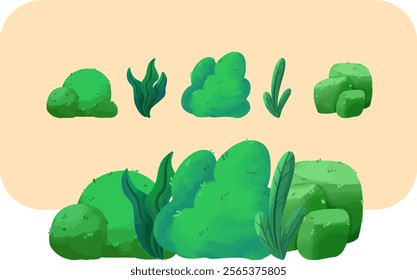 Bright and fun green bush vector illustration, perfect for children's books, playful designs, and vibrant nature-themed projects.