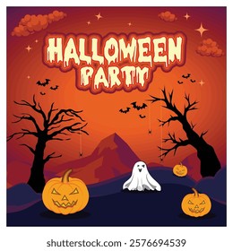 Bright and fun Halloween themed graphics feature haunted trees, smiling pumpkins, bats, stars and ghosts, perfect for holiday event invitations and festive themed designs. 