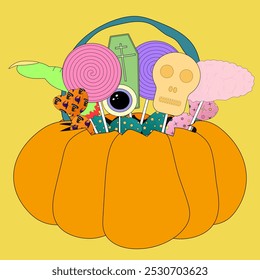 Bright and fun Halloween-themed vector illustration featuring a pumpkin basket filled with spooky candies. Perfect for festive designs.
