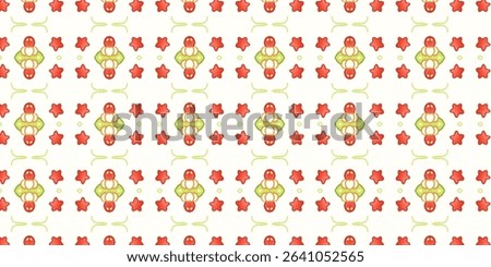 Bright and fun marine pattern with red starfish and green turtle elements on white. Ideal for kids' projects. Keywords: fun, red, green, turtle, marine.