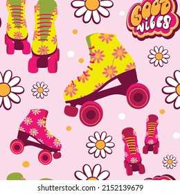 Bright and fun pink seamless pattern with roller skates