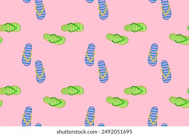 Bright and fun seamless pattern of colorful flip flops on a pink background. Perfect for summer-themed projects and designs.