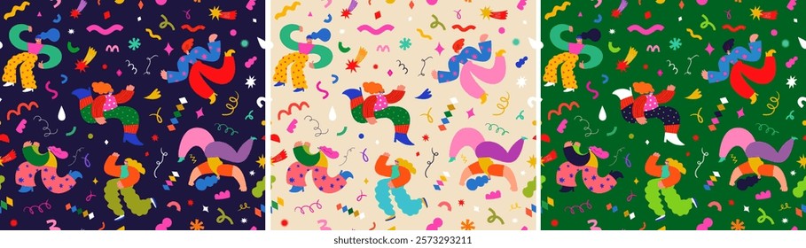 Bright fun seamless patterns with dancing people. Background for celebration Carnival. Fashion carnival pattern.