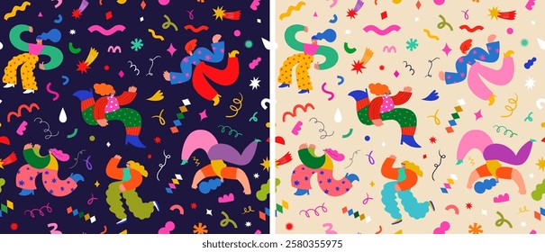 Bright fun seamless patterns with dancing people. Background for celebration Carnival. Fashion carnival pattern.