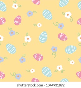 Bright and fun seamless texture on Easter theme. Colored eggs on a yellow background. Vector illustration.