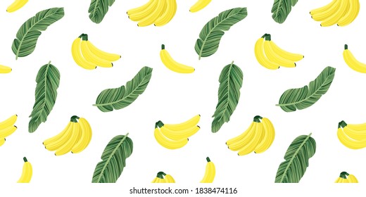 Bright, fun, tropical, vector pattern with yellow fruit bananas and tropical green palm leaves.