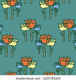 Bright and fun vector repeatable pattern in red, yellow and blue of cartoon style overlapping flowers