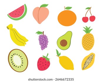 Bright and fun vector set of hand-drawn fruits including watermelon, banana, kiwi, pineapple, avocado, and more. Perfect for food, health, and summer-themed designs.