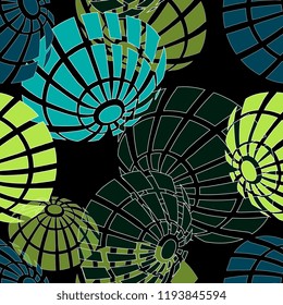 Bright fungus textile pattern. Flower seamless. Abstract green and blue mushroom fabric for summer or winter dress. Multicolor texture with bloom jungle plant motiv. Spring fashion