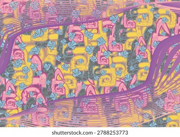 Bright funky backdrop created by geometrical elements and lines. Colorful floral and linear motifs for fashion trends, business, covers, scrapbooking, interior solutions, tiles, prints, posters, etc. 