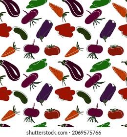Bright funky vegetable vector pattern on white background. Line contoured vegetable elements. Red tomatoes, purple eggplants, green cucumbers, orange carrots, purple beetroots. Simple veggies.