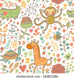 Bright funny animals: crocodile, monkey, giraffe and turtle in flowers. Cute cartoon seamless pattern in vector. Ideal for childish designs. Zoo cute texture