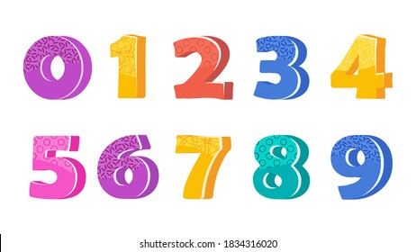 Bright funny baby numbers with textures and patterns. For postcards for new year, birthday, anniversary. For fun school posts and textbooks. Flat vector illustration.