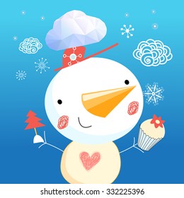 bright funny card with a snowman on a blue background with snowflakes