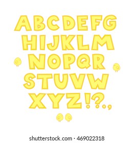 Bright funny childish alphabet. Vector hand drawn cartoon doodle font illustration for kids.