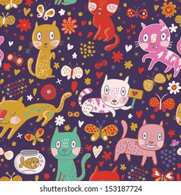Bright funny childish seamless pattern with cute kittens, flowers, butterflies and aquarium with fish in vector.  Seamless pattern can be used for wallpapers, pattern fills, web page backgrounds