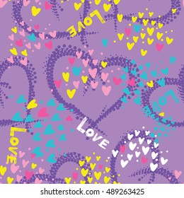 Bright funny colorful childish background. Valentines day backdrop in purple, pink, blue and yellow colors. Abstract seamless girlish pattern with hearts.Repeated backdrop. Fashion Love wallpaper. 