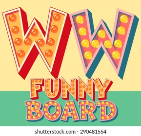 Bright funny comic vector lamp alphabet. Letter W