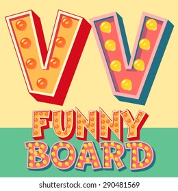 Bright funny comic vector lamp alphabet. Letter V