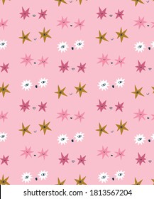 Bright and funny confetti seamless pattern. Festive kids fabric design. Simple abstract shapes. Stars and eyes. Christmas vector seamless pattern.