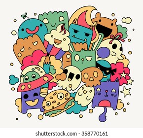 Bright funny doodles, vector illustration, cute cartoon characters