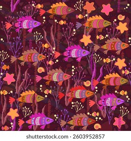 Bright funny fish swim among seaweed. Seamless textile pattern.
