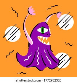 Bright funny ghost with arms raised up. Cute scary cartoon spooky Halloween character on orange background. Banner for halloween greetings and party invitations. Stock vector illustration.