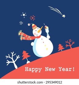 bright funny greeting card with a snowman on a blue background with snowflakes