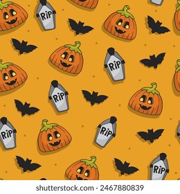 Bright funny halloween seamless pattern with pumpkin character, tomstones and bats on orange background, scary ornament for kid for wrapping paper