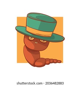 Bright, funny, hand-drawn worm in a hat for design, logo or mascot