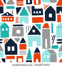 Bright funny houses made of simple elements in doodles style
