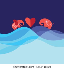 Bright funny loving elephants with a heart on a blue background