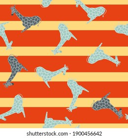 Bright funny seamless pattern with blue random giraffe ornament. Orange striped background. Vector illustration for seasonal textile prints, fabric, banners, backdrops and wallpapers.